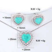Romantic Heart Paraiba Tourmaline Zircon Necklace Earrings Jewelry Set For Women
