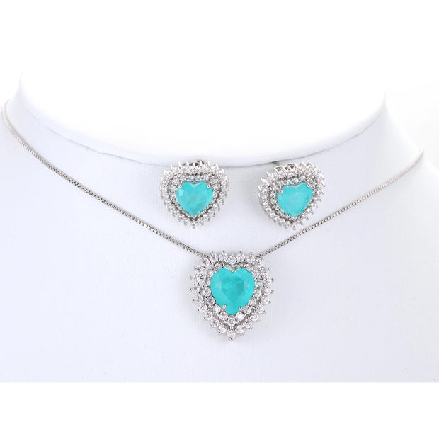 Romantic Heart Paraiba Tourmaline Zircon Necklace Earrings Jewelry Set For Women